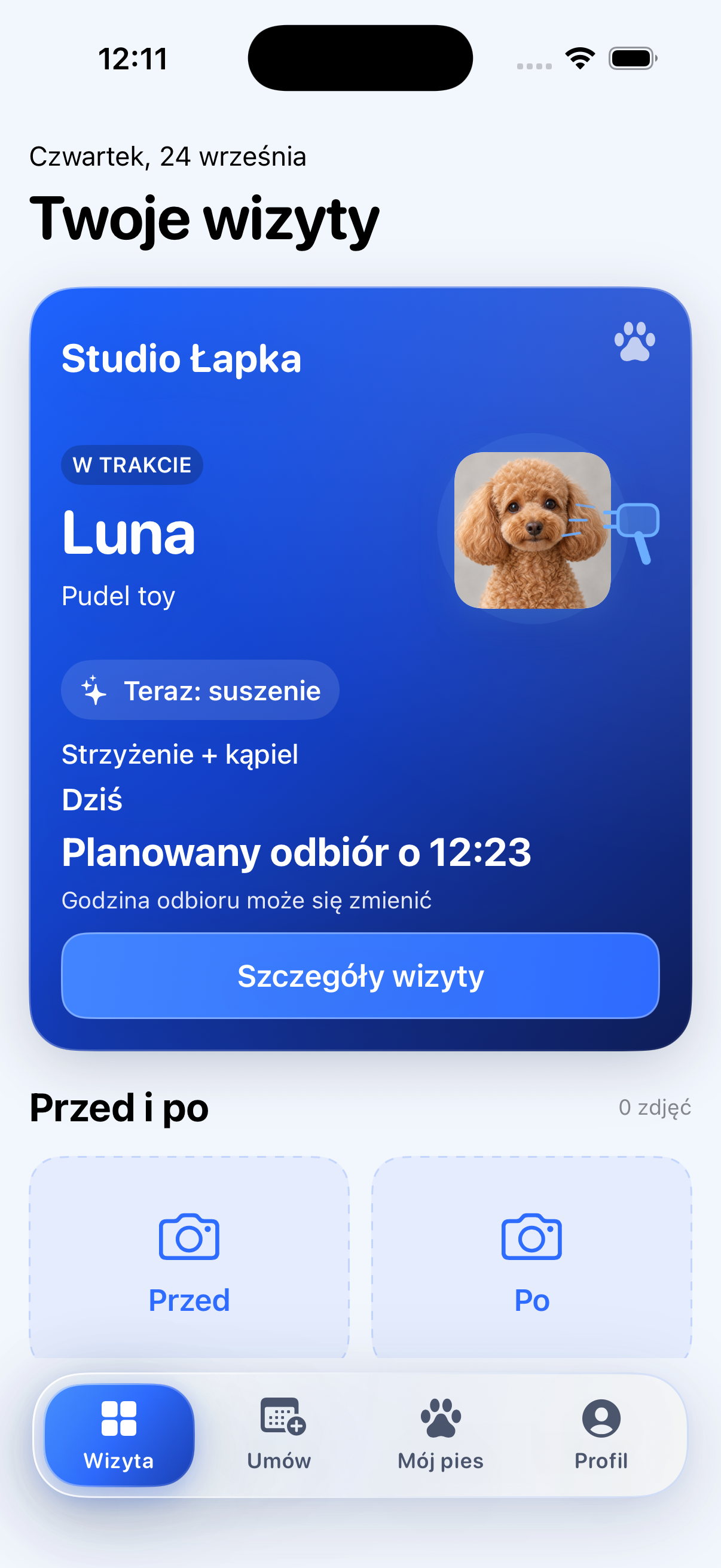 Widok klienta: Luna, suszenie i planowany odbiór o 12:23